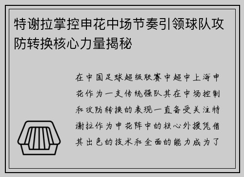 特谢拉掌控申花中场节奏引领球队攻防转换核心力量揭秘